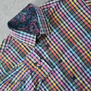 Alan Flusser Men's XL Colorful Plaid Button Up Shirt Paisley Collar
